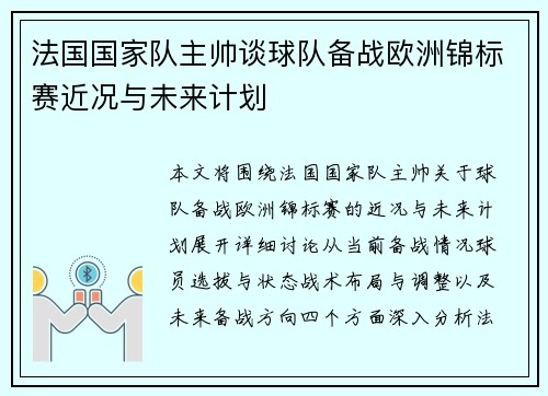 法国国家队主帅谈球队备战欧洲锦标赛近况与未来计划